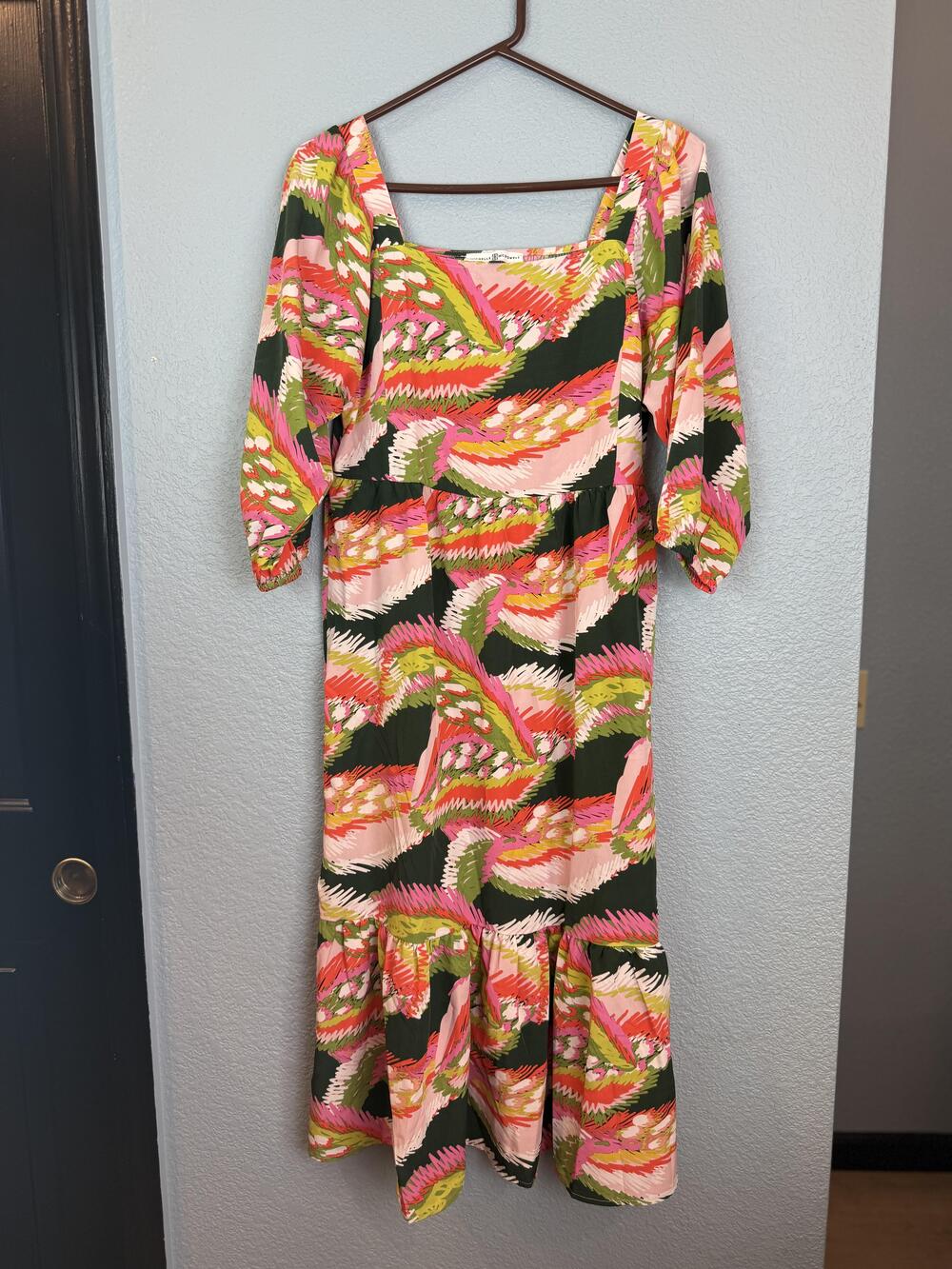 Michelle McDowell Dress Womens Small Pink Green Black Abstract Midi Smocked Boho